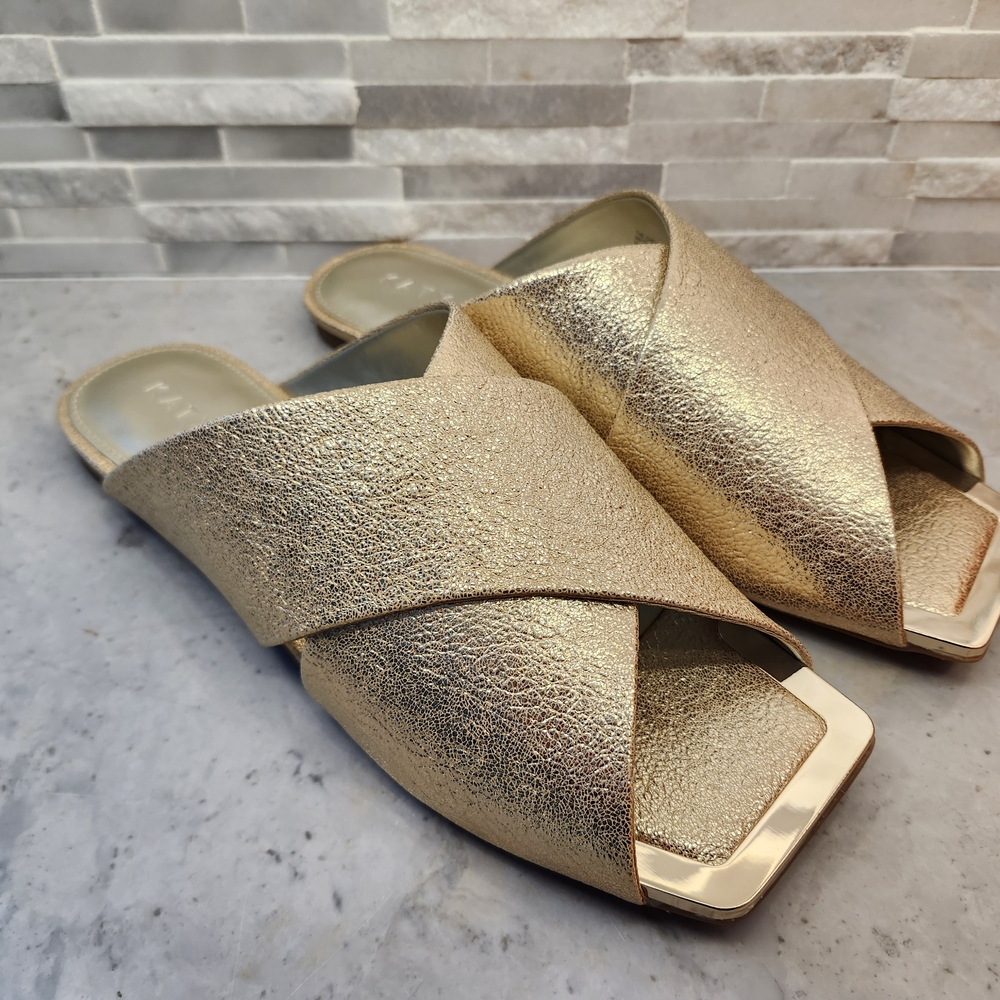 Katy Perry Checked In Gold Metallic Leather Slide Sandals NIB Size 8 - Picture 2 of 5